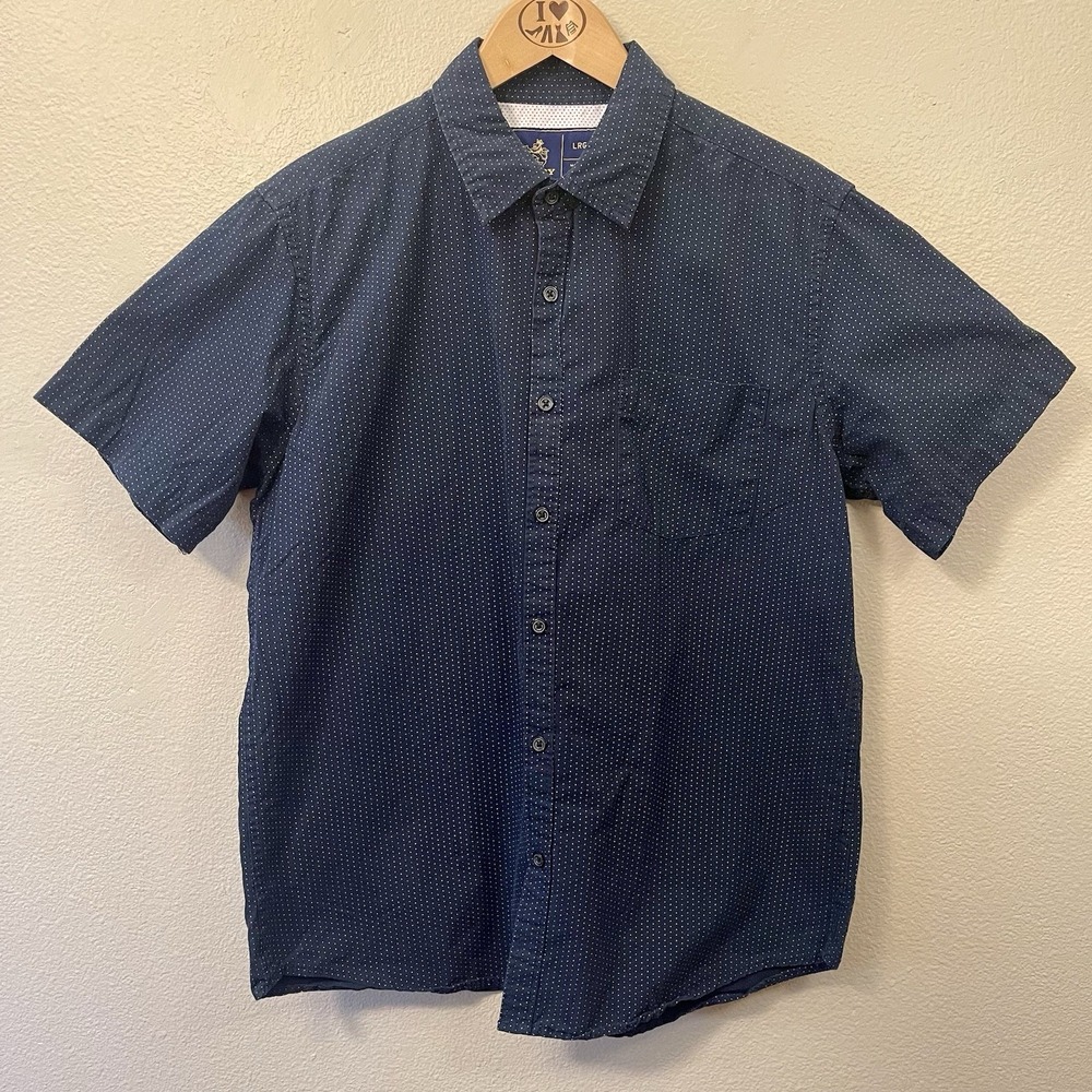 Rugby University Men's Preppy Button Up Shirt Short Sleeve Navy Dotted Sz L EUC - Picture 1 of 4